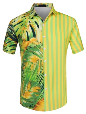 Lars Amadeus Men's Striped Shirt Point Collar Button Up Flower Print Summer Hawaiian Floral Patchwork Shirt 7 Lars Amadeus Men's Striped Shirt Point Collar Button Up Flower Print Summer Hawaiian Floral Patchwork Shirt - Image 7