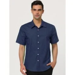 Lars Amadeus Men Short Sleeves Cotton Polka Dots Button Up Shirt