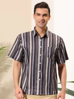 Lars Amadeus Men's Casual Summer Beach Short Sleeves Button Down Striped Shirt