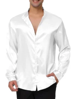 Lars Amadeus Men's Satin Long Sleeves Band Collar Button Down Solid Prom Satin Shirts
