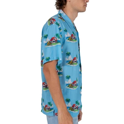 Dragon Ball Z Kame House Sublimation Print Short Sleeve Button Down Light Blue Men's Woven Top 2 Dragon Ball Z Kame House Sublimation Print Short Sleeve Button Down Light Blue Men's Woven Top - Image 2