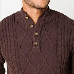 Hope & Henry Men's Organic Mock Neck Cable Sweater, Chocolate Heather, X-Large