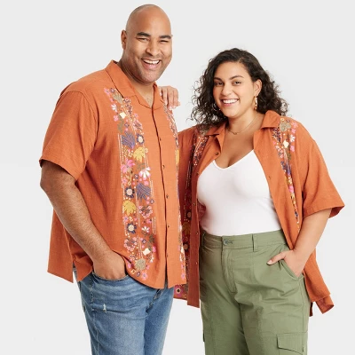 Latino Heritage Month Adult Short Sleeve Floral Woven Button-Down Shirt - Orange 3 Latino Heritage Month Adult Short Sleeve Floral Woven Button-Down Shirt - Orange - Image 3