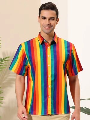 Lars Amadeus Men's Summer Rainbow Stripe Print Short Sleeve Button Down Shirts 1 Lars Amadeus Men's Summer Rainbow Stripe Print Short Sleeve Button Down Shirts