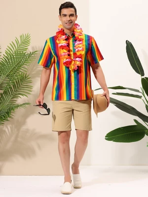 Lars Amadeus Men's Summer Rainbow Stripe Print Short Sleeve Button Down Shirts 2 Lars Amadeus Men's Summer Rainbow Stripe Print Short Sleeve Button Down Shirts - Image 2