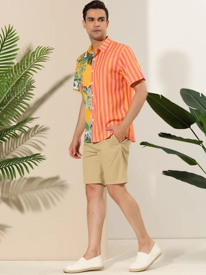 Lars Amadeus Men's Striped Shirt Point Collar Button Up Flower Print Summer Hawaiian Floral Patchwork Shirt 3 Lars Amadeus Men's Striped Shirt Point Collar Button Up Flower Print Summer Hawaiian Floral Patchwork Shirt - Image 3