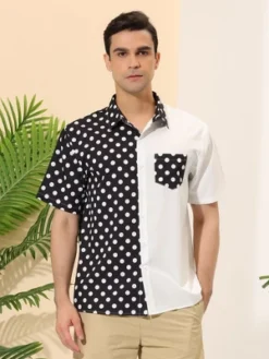Lars Amadeus Men's Summer Polka Dots Short Sleeves Button Down Patchwork Beach Shirt