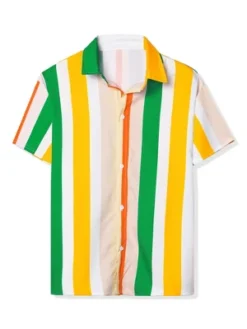 Lars Amadeus Men's Vertical Striped Shirt Short Sleeve Button Down Summer Color Block Hawaiian Beach Striped Shirts