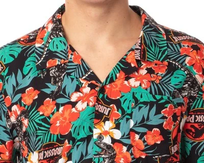 Jurassic Park Men's Velociraptor Dinosaur Floral Hawaiian Button Up Shirt 3 Jurassic Park Men's Velociraptor Dinosaur Floral Hawaiian Button Up Shirt - Image 3