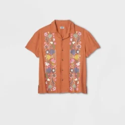 Latino Heritage Month Adult Short Sleeve Floral Woven Button-Down Shirt - Orange