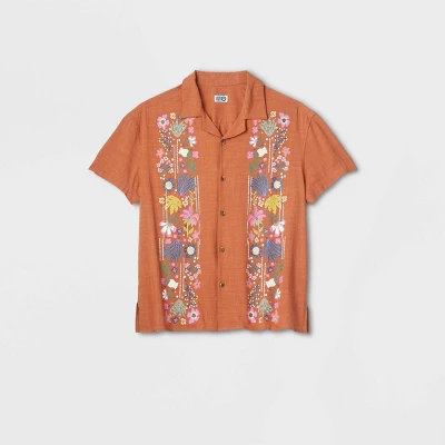 Latino Heritage Month Adult Short Sleeve Floral Woven Button-Down Shirt - Orange 1 Latino Heritage Month Adult Short Sleeve Floral Woven Button-Down Shirt - Orange