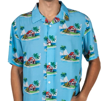 Dragon Ball Z Kame House Sublimation Print Short Sleeve Button Down Light Blue Men's Woven Top 1 Dragon Ball Z Kame House Sublimation Print Short Sleeve Button Down Light Blue Men's Woven Top