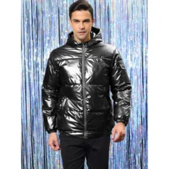 Lars Amadeus Men's Full Zip Heavyweight Quilting Shiny Metallic Hooded Puffer Jacket