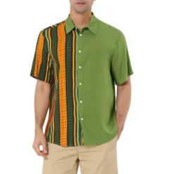 Lars Amadeus Men's Irregular Geometric Color Block Patchwork Button Down Short Sleeve Striped Shirts