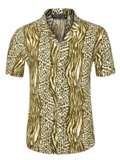Lars Amadeus Men's Leopard Printed Disco Shirts Camp Collar Short Sleeves Button Down Summer Shirt