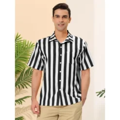 Lars Amadeus Men's Summer Vertical Striped Shirt Short Sleeves Button Up Color Block Stripe Shirt