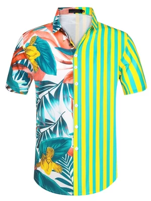 Lars Amadeus Men's Striped Shirt Point Collar Button Up Flower Print Summer Hawaiian Floral Patchwork Shirt 9 Lars Amadeus Men's Striped Shirt Point Collar Button Up Flower Print Summer Hawaiian Floral Patchwork Shirt - Image 9