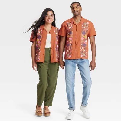 Latino Heritage Month Adult Short Sleeve Floral Woven Button-Down Shirt - Orange 4 Latino Heritage Month Adult Short Sleeve Floral Woven Button-Down Shirt - Orange - Image 4