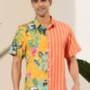 Lars Amadeus Men's Striped Shirt Point Collar Button Up Flower Print Summer Hawaiian Floral Patchwork Shirt