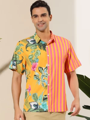 Lars Amadeus Men's Striped Shirt Point Collar Button Up Flower Print Summer Hawaiian Floral Patchwork Shirt 1 Lars Amadeus Men's Striped Shirt Point Collar Button Up Flower Print Summer Hawaiian Floral Patchwork Shirt