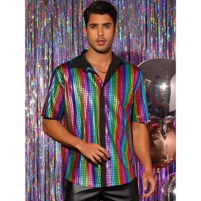 Lars Amadeus Men's Button Down Short Sleeves Costume Disco Shiny Metallic Shirt 1 Lars Amadeus Men's Button Down Short Sleeves Costume Disco Shiny Metallic Shirt