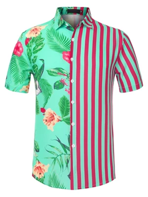 Lars Amadeus Men's Striped Shirt Point Collar Button Up Flower Print Summer Hawaiian Floral Patchwork Shirt 8 Lars Amadeus Men's Striped Shirt Point Collar Button Up Flower Print Summer Hawaiian Floral Patchwork Shirt - Image 8