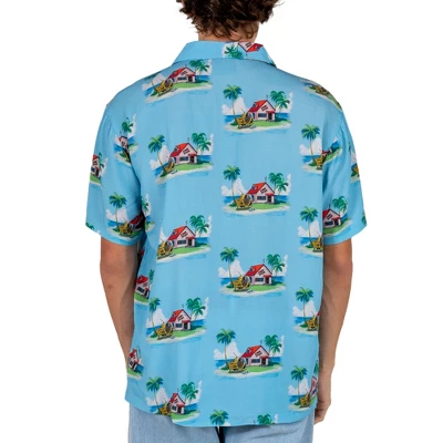 Dragon Ball Z Kame House Sublimation Print Short Sleeve Button Down Light Blue Men's Woven Top 3 Dragon Ball Z Kame House Sublimation Print Short Sleeve Button Down Light Blue Men's Woven Top - Image 3