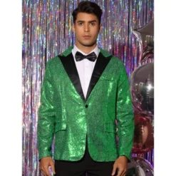 Lars Amadeus Men's Peak Lapel Color Block Shiny Sparkle Sequin Blazer