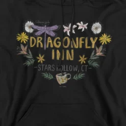 Men's Gilmore Girls Dragon Fly Inn Chalk Floral Heart Pull-Over Hoodie, Black, Large